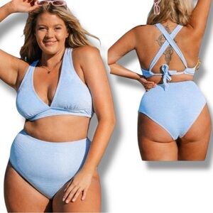 Mini Textured Print Blue Classic High Waist Plus Size Two Piece Swimwear 2X NWT